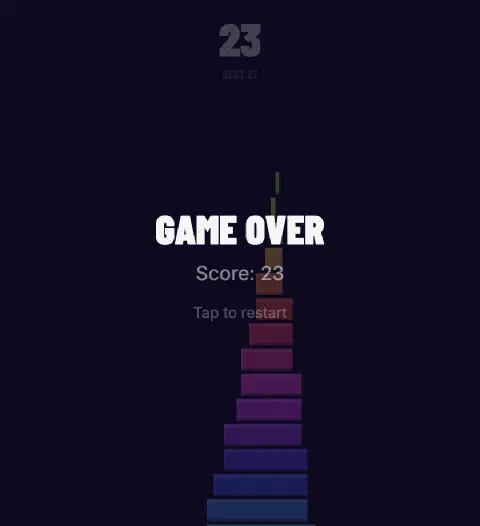 Schermata di fine partita di Tower Blocks con il punteggio finale e l'invito a toccare per ricominciare